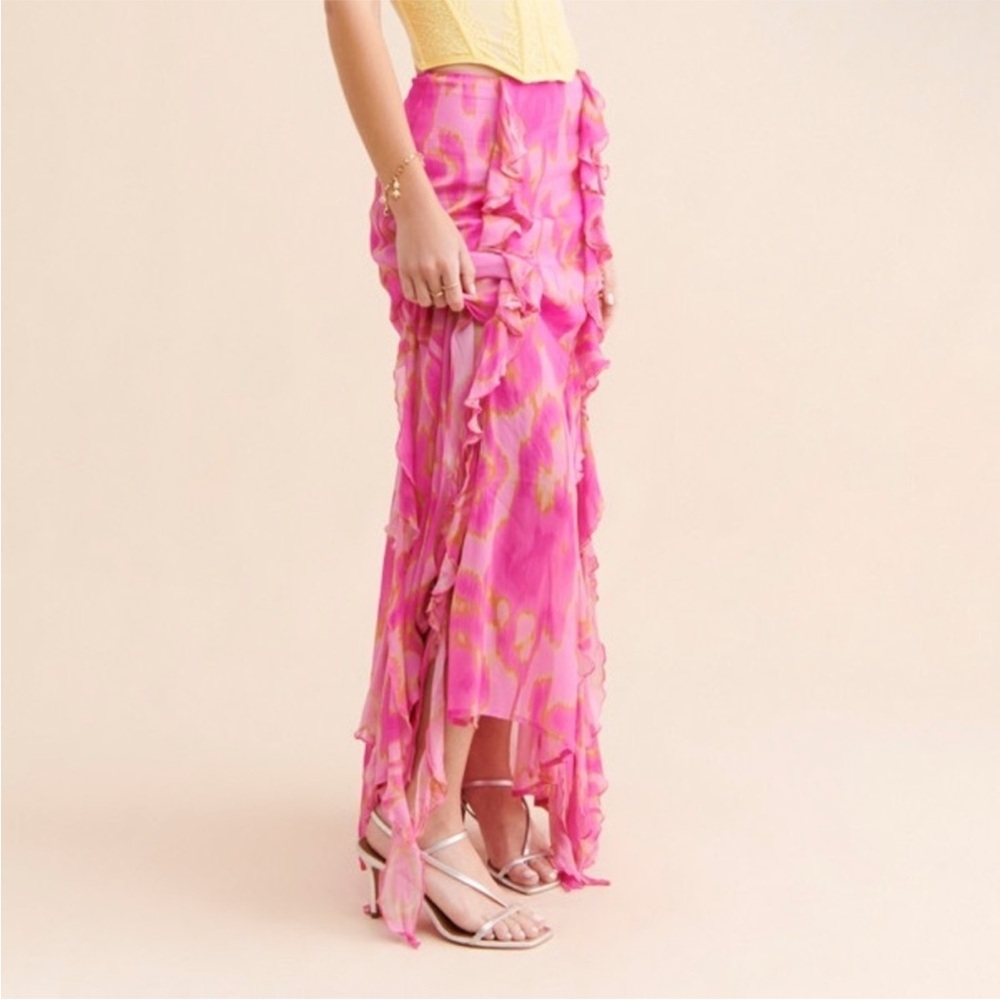 The Wolf Gang Rhapsody Maxi Skirt Candy Haze Frilly High Slit Hot Pink Floral